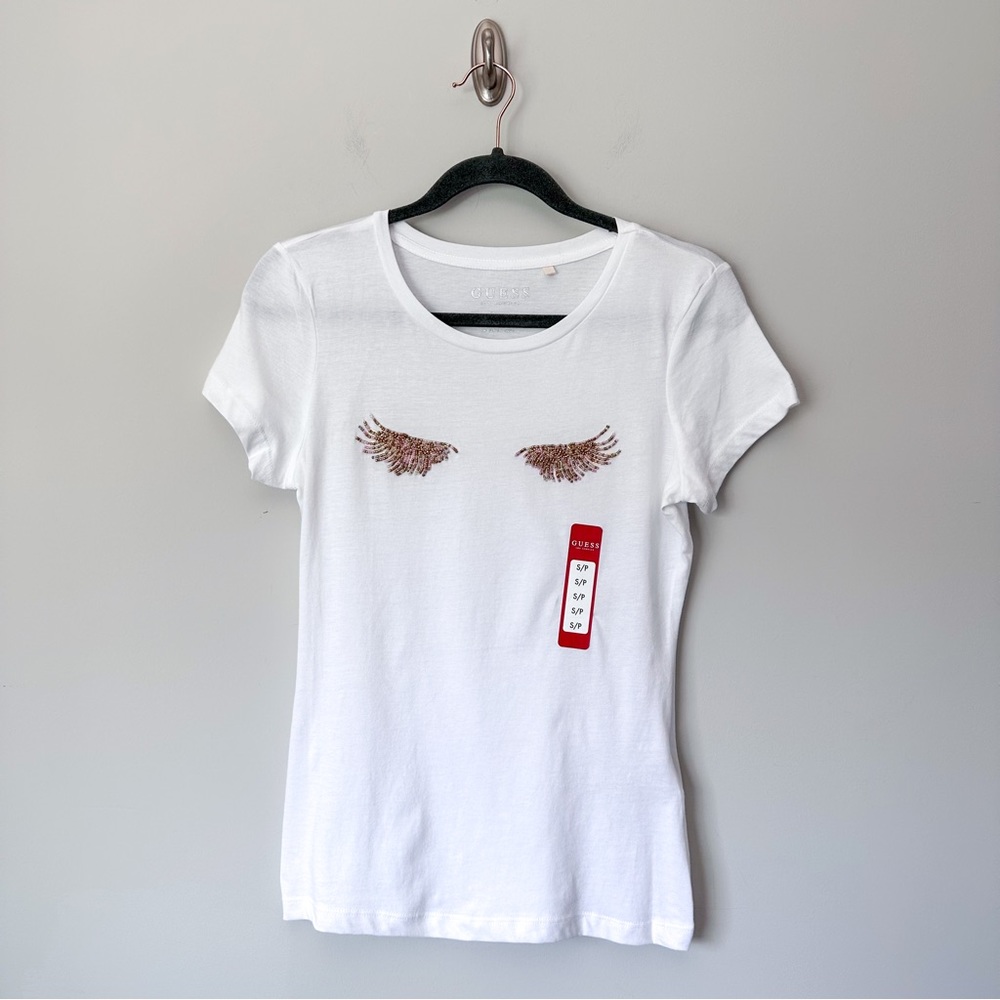 Guess White Beaded Eyelash Short Sleeve T-Shirt